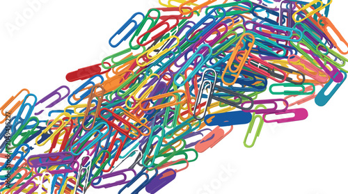 Photography Paperclips in various bright colors are piled together in a chaotic heap on a white background