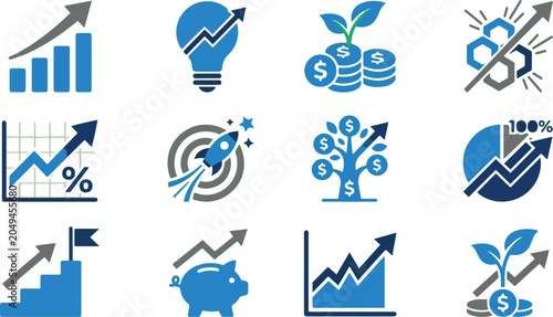Business growth icons illustrate financial progress, investment success, and corporate development strategies.