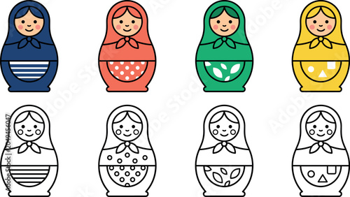 Photos Traditional Russian Matryoshka Doll Vector Set with Colorful Nesting Babushka Ic