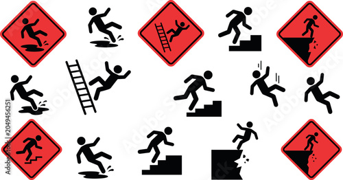 Fotografia Red Diamond Industrial Safety Warning Sign Vector Set with Falling Slipping Trip