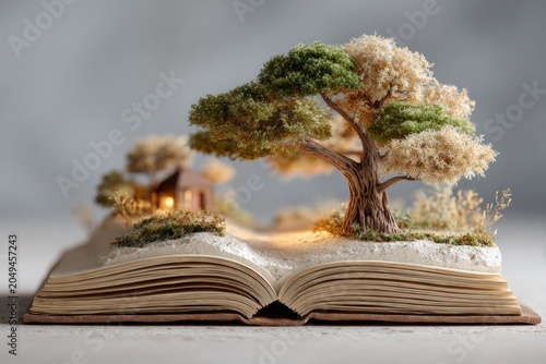 enchanted tree growing from an open book