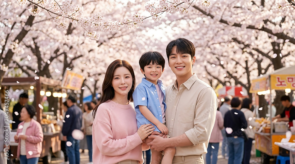 Obraz premium 벚꽃 아래 앉은 가족 / Family Sitting under Cherry Blossoms
