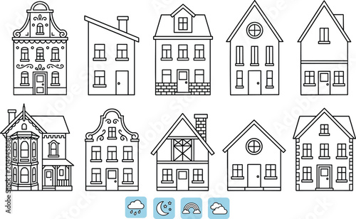 Tableau sur toile "Line art vector illustration of diverse house designs with gabled roofs, chimne