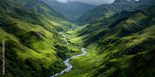 Lush Green Mountain Valley with Winding River