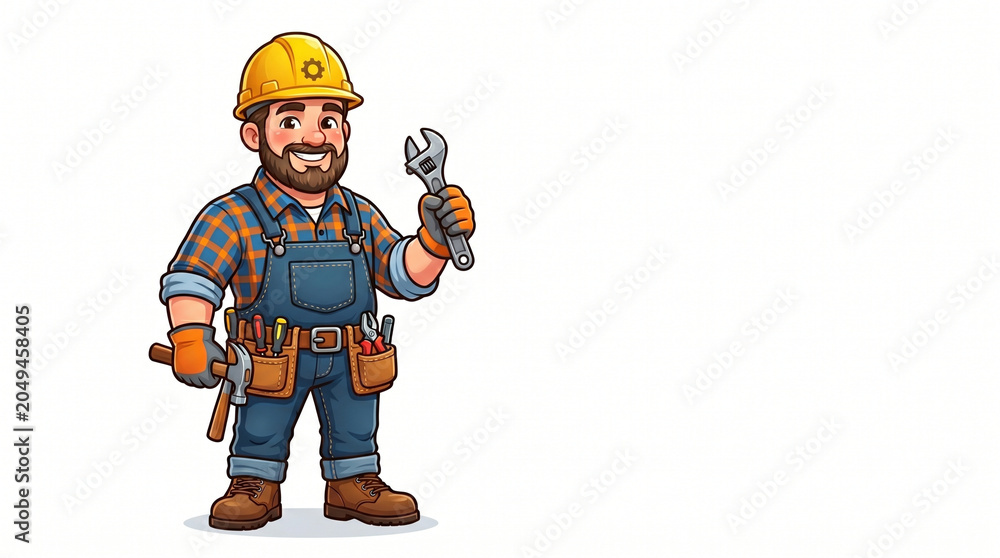 Fototapeta premium Smiling Handyman Cartoon Character with Hard Hat and Tools Isolated on White Background