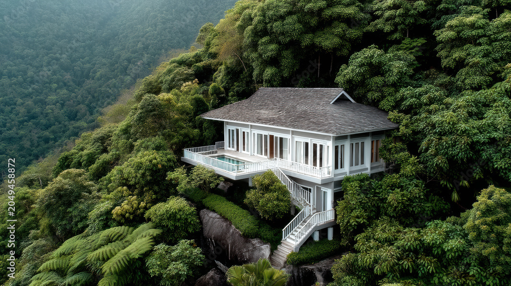 Fototapeta premium Aerial view tropical hillside forest villa balcony mountain mist, modern retreat on lush slope with terrace, staircase, peaceful mood