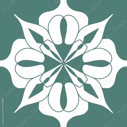 Green Ornamental Floral Tile Pattern with Symmetrical Folk Art Design