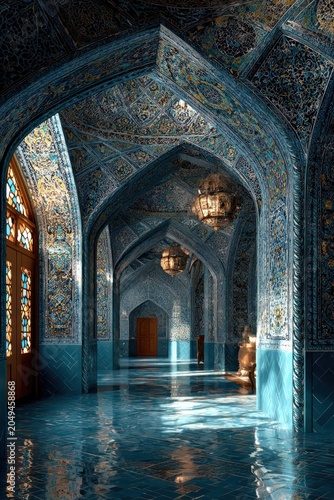 intricate blue mosaic interior with arches