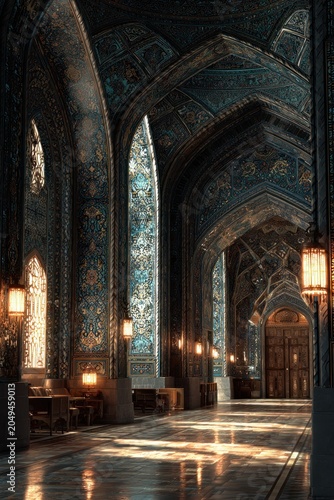 grand hall with intricate patterns and stained glass