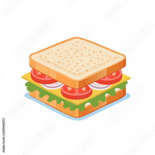 Isometric illustration of a sandwich with cheese, tomato, and lettuce