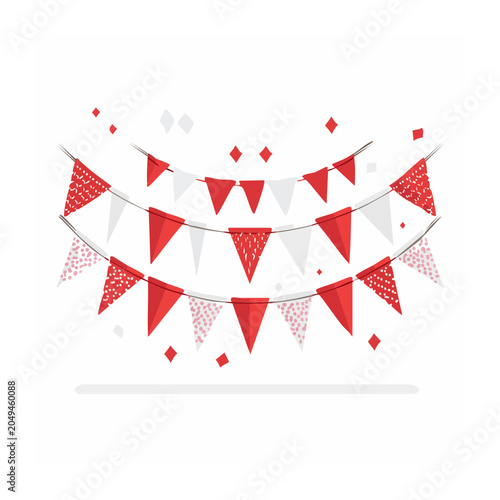 Red and white bunting flags with confetti