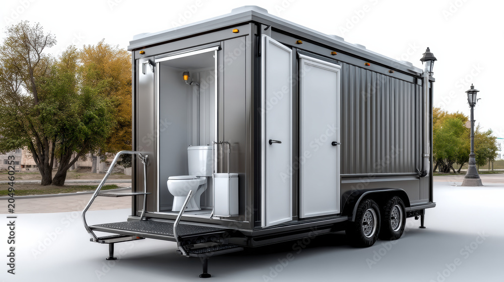 Fototapeta premium Luxury portable toilet restroom trailer mobile bathroom sanitation outdoor event rental side view modern unit parked on pavement, clean interior
