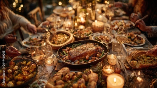 cozy dinner party with candlelight and feasts
