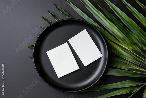 Photo of a minimalist mockup with two blank business cards on an elegant black plate, with a leafy branch next to it. 