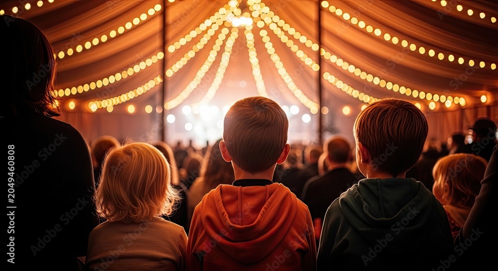 Obraz premium People watch a performance under bright lights in a large tent.