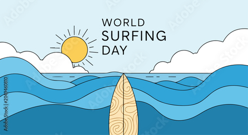 Photography A surfboard floats on blue ocean waves