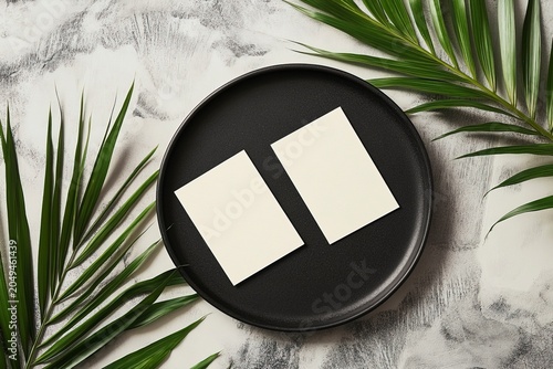 Photo of a minimalist mockup with two blank business cards on an elegant black plate, with a leafy branch next to it. 