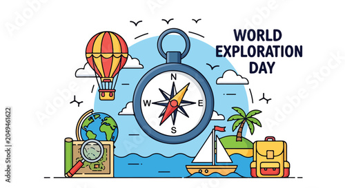Photos A colorful illustration celebrating World Exploration Day with travel icons