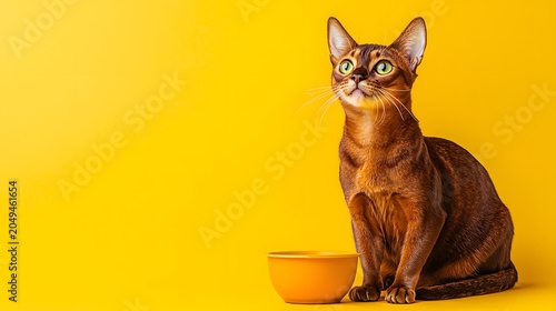 Cat Sitting on Yellow Background with Bowl in Studio Setting
