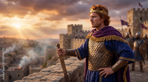 King David with solemn victory, standing on fortress wall, overlooking conquered city