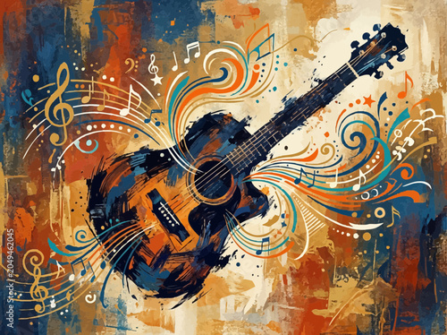 Acoustic Guitar with Swirling Musical Notes in Orange Blue and Black on Textured Canvas Background