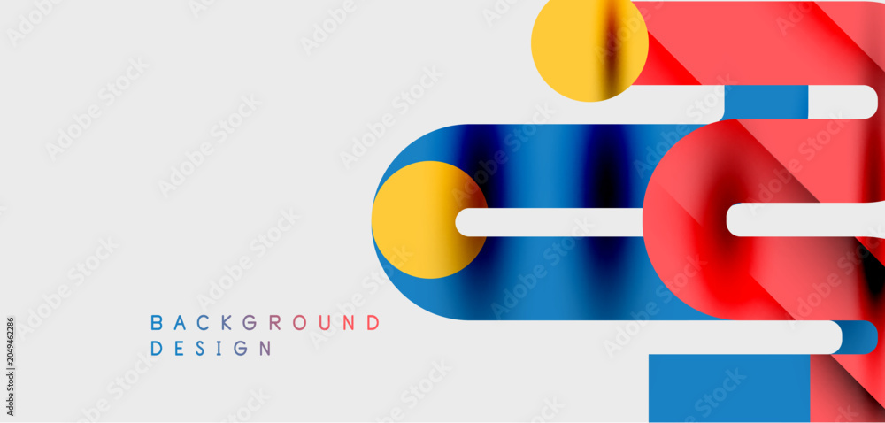 Obraz premium Abstract geometric shapes overlap, creating vibrant color gradients. Minimalist design with red, blue, yellow elements on white background.
