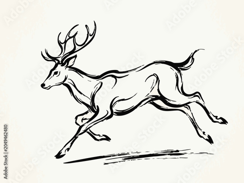 Фотография Galloping Deer Stag with Antlers Running Fast in Black Ink Brush Strokes on Off