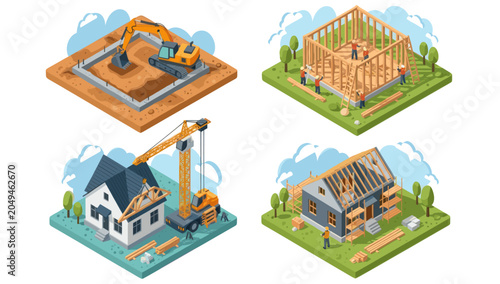 Construction process of a house from foundation to completion.