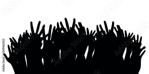 Crowd silhouette with raised hands, black human hands reaching up, group of people cheering and voting, community participation vector illustration