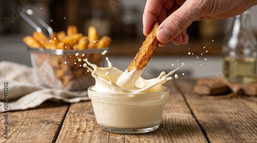 Hand dipping a french fry into a creamy white sauce, creating a splash, with a basket of fries in the background