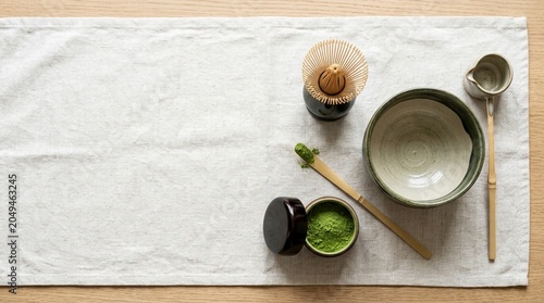 Matcha tea ceremony set with whisk, bowl, scoop, and green tea powder on a textured white cloth