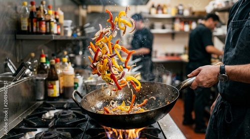 Chef tossing colorful vegetables in a wok in a professional kitchen, cooking Asian food
