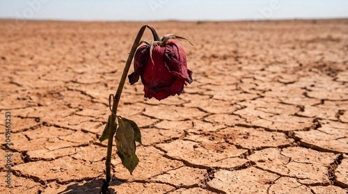 A single, dried-up red rose stands alone in a vast, cracked desert landscape under a clear sky