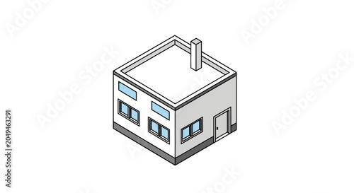Isometric building with chimney and windows.