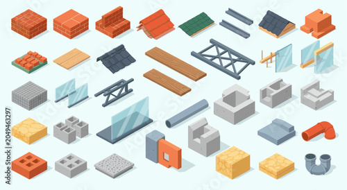 Isometric Construction Materials and Building Elements Collection.