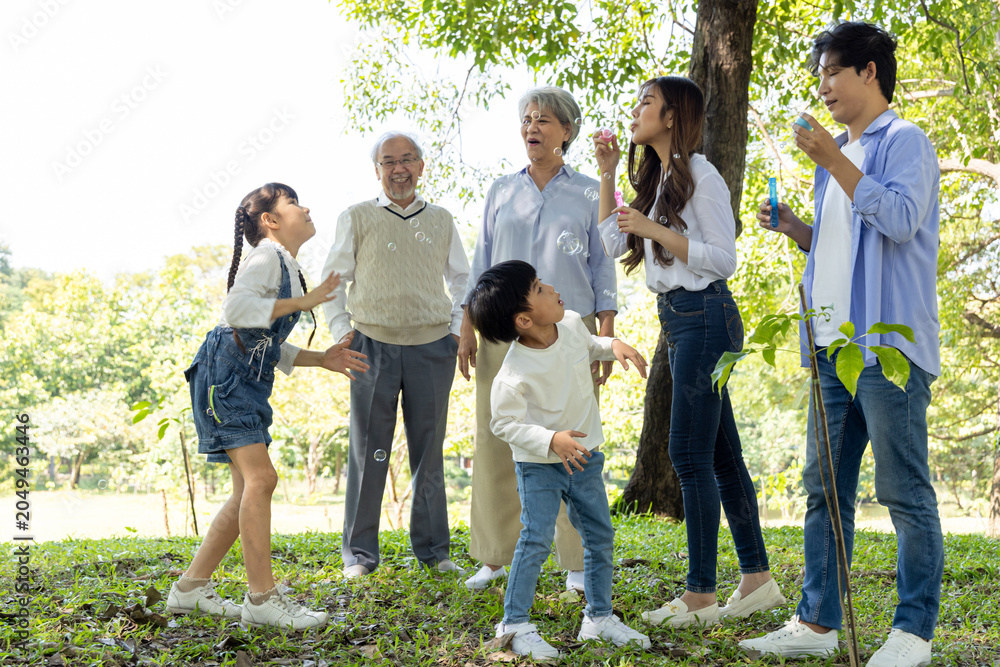 Fototapeta premium Joyful multi-generational Asian family playing with soap bubbles in a green park, laughing parents and grandparents watching happy kids enjoying outdoor activities together