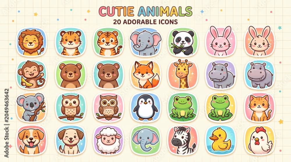 Obraz premium Cute animals icons collection with adorable creatures on colorful background
