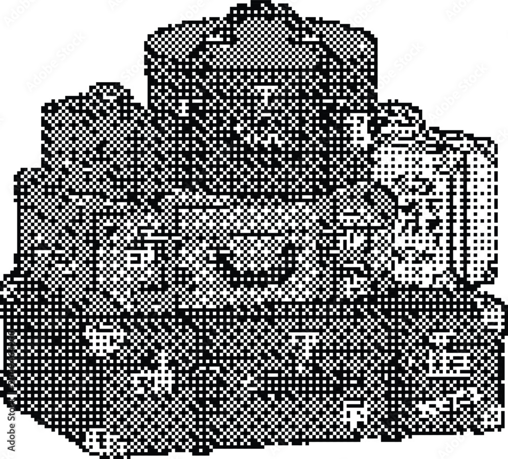 Obraz premium Pixel art 8-bit retro game asset of a multi-tiered building or structure, black and white vector isolated on white