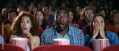 Friends at a packed theater seeing a tense film