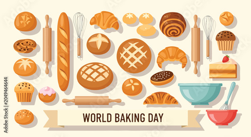 Obraz na płótnie A colorful illustration of baked goods and utensils celebrating World Baking Day