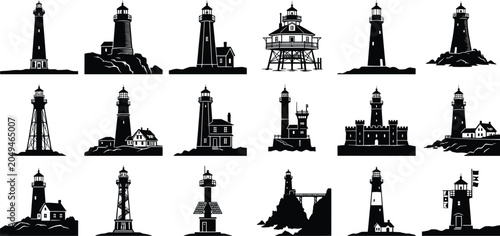 Принти на полотні Collection of lighthouse silhouette illustrations showcasing diverse coastal des