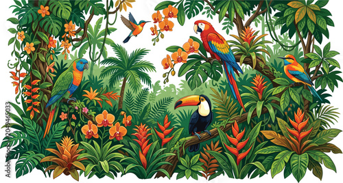 Foto Vector illustration of various colorful tropical birds including scarlet macaw t