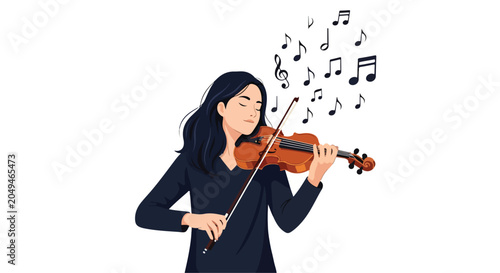 A woman plays violin with musical notes floating