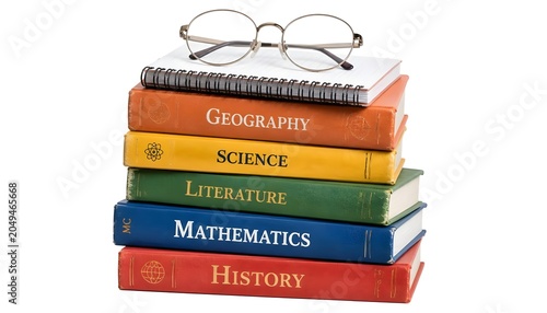 Stack of colorful school textbooks with glasses on top