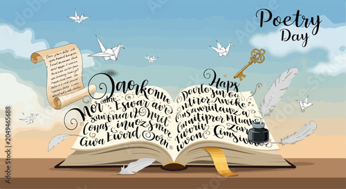 Tableau sur toile A serene scene of a book with words and writing utensils