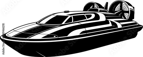 Speedboat, racing boat, black and white vector, illustration, graphic design element