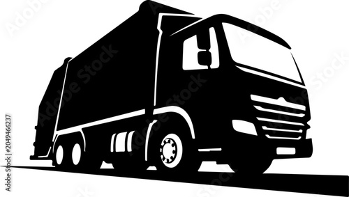 Black truck, garbage truck, waste management vehicle, silhouette, vector illustration