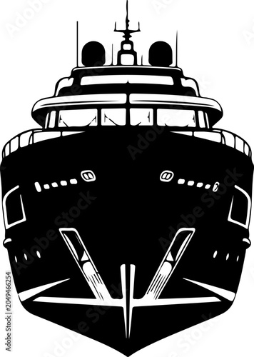 Luxury yacht bow, black and white vector, nautical icon, boat front view