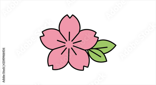 Simple Pink Cherry Blossom Flower with Green Leaves Illustration.
