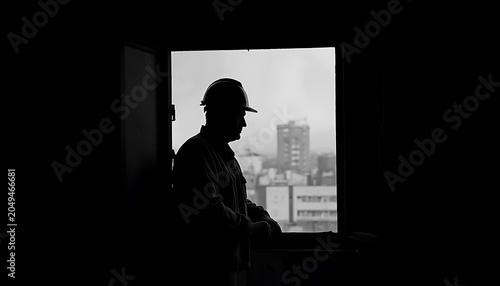 A black and white film-noir style portrait of a weary construction worker in a hard hat.